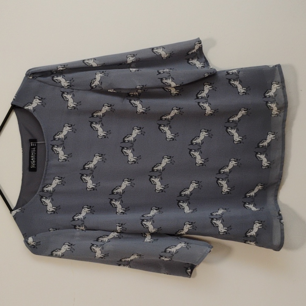 Sugarhill | Vintage-inspired Powder-Blue Unicorn Blouse | Women's 4 | NWT